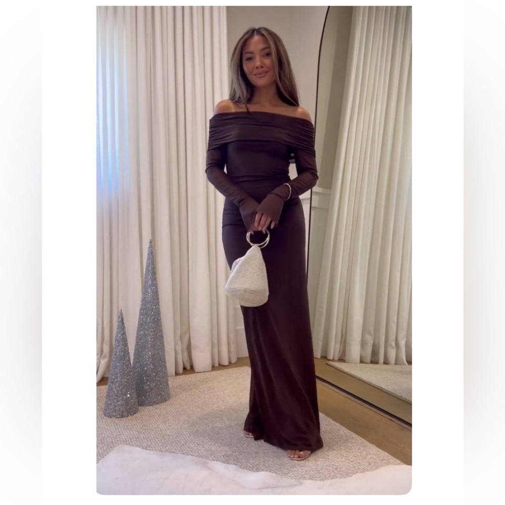 Meshki Brown off shoulder maxi dress